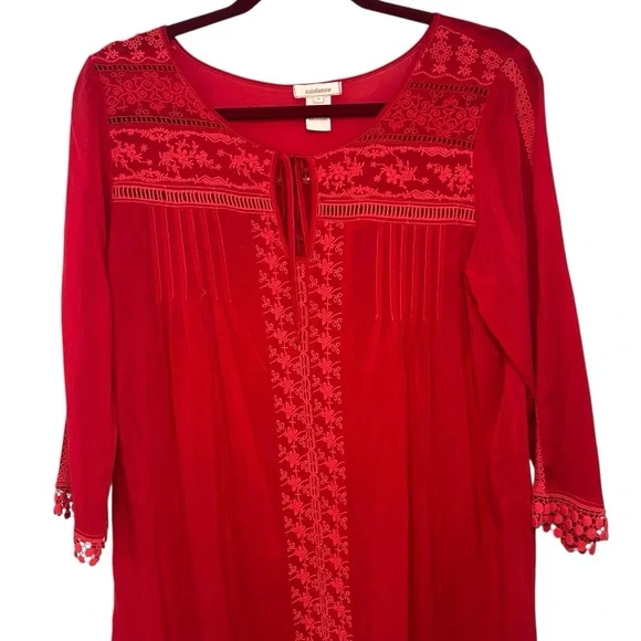 Sundance Red Bohemian Silky Lace Trim 3/4 Tab Sleeves Tunic Top Women’s Small - Picture 5 of 10